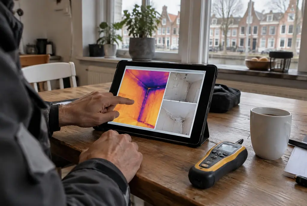 Lekdetectie Nijmegen – lekdetectierapport met warmtebeelden en foto's op een tablet