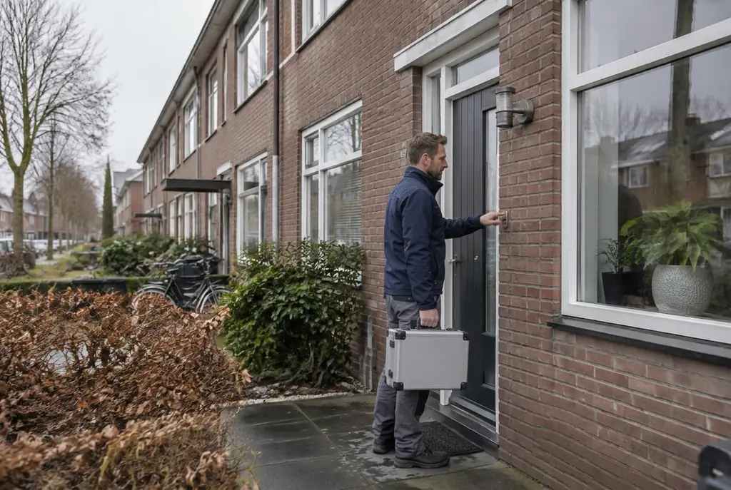 Lekdetectiespecialist met meetkoffer bij de voordeur van een woning in Nijmegen